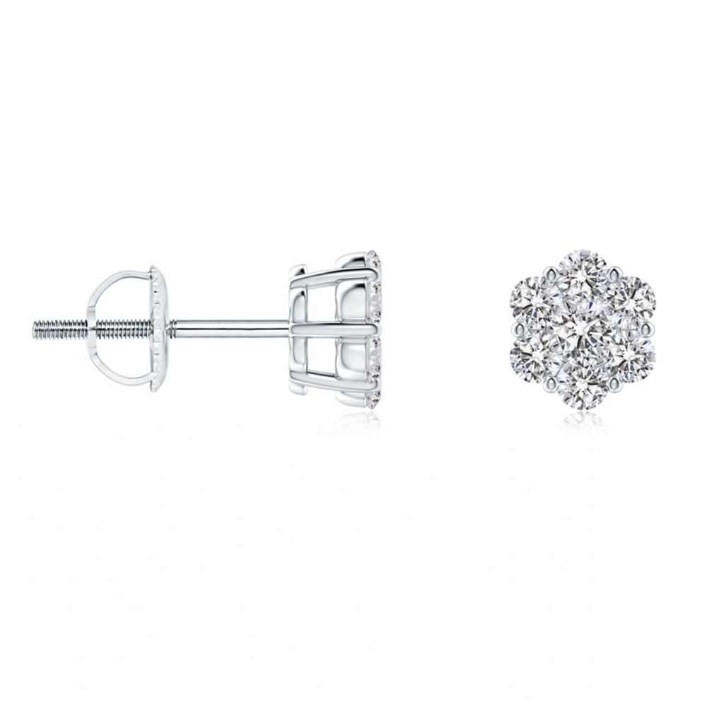 Nice Flower White Gold Iced Sterling Silver Cluster Screw Back Stud Earrings